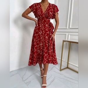 * NEW Boho Floral Flutter Wrap Dress Burgundy Red